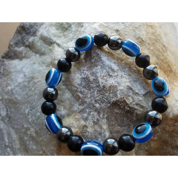 Vintage Black and Blue Glass Bead Bangle Bracelet,  Classic Stacking Bracelets, - Picture 7 of 8